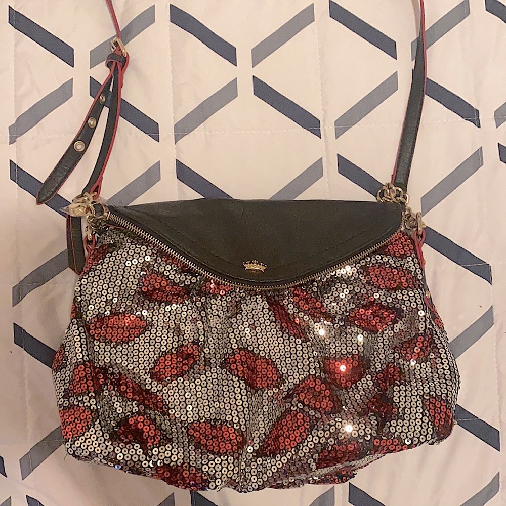 Juicy Couture Purse, crossbody, red/silver/black, sequin, still has tags likenew